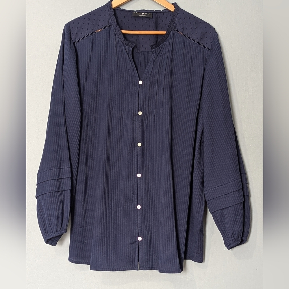 Lane‎ Bryant Navy Textured Button-Front Long Sleeve Shirt Romantic Folk Boho